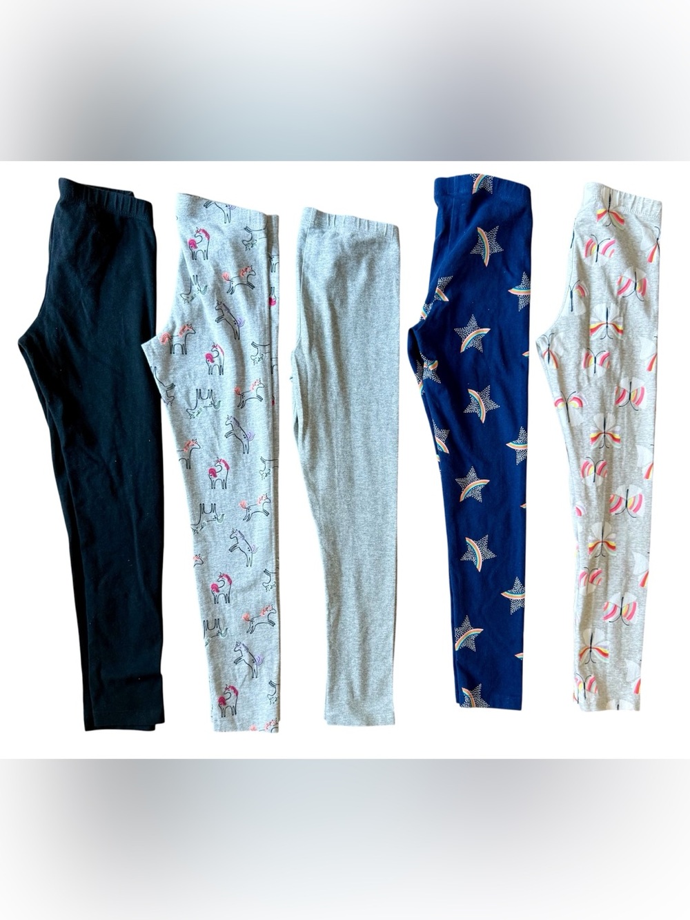 Kids' Gray Unicorn, Gray, Black,Gray butterfly & Navy Star Leggings bundle